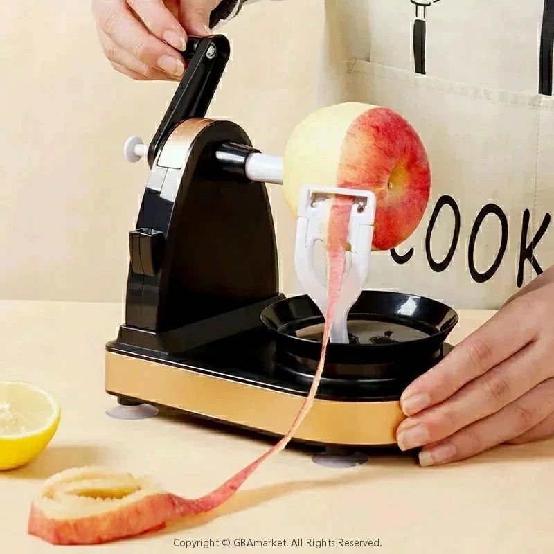 アップルピーラー リンゴ 果物削り 皮むき器 回転式 フルーツピーラー 手動 吸盤付き キッチン用品 フルーツピーラー オートマチックカッタ 手回しリンゴ皮むき 機家庭用 むき機 キッチン皮むきツール 梨じゃがいも用 (ブラックゴールド（1台）+カットフルーツ器（1個）)