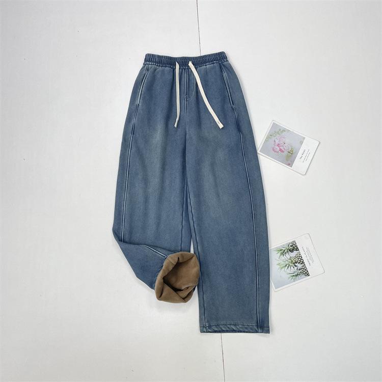 ルームウェア ノー 部屋着 ルームウェア ノー 部屋着 天 糸 デニム ~ 厚手 裏起毛の ストレート パンツ 2024冬 女性 カジュアル