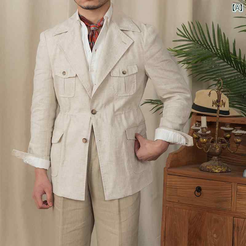 白 アウター リネン 紳士服 レトロ サファリジャケット メンズ ミリタリー カーキ アメカジ