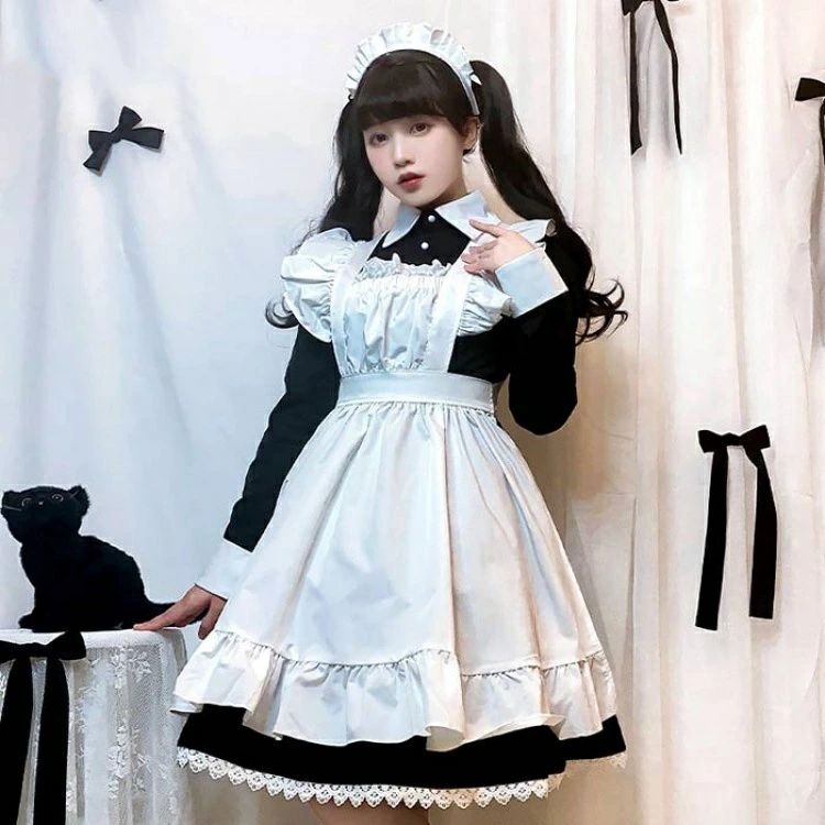 ロリータワンピース 膝丈 こすぷれ コスチューム 仮装 衣装 メイド 可愛いメイド コスプレ ハロウィン メイド服