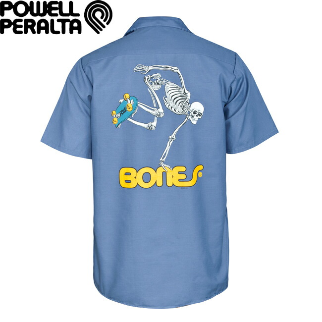 プルオーバー POWELL PERALTA パウエルペラルタ Work Shirt Skeleton Postal Blue 半袖 心地よいプルオーバー 細工物プルオーバー メンズ レディース