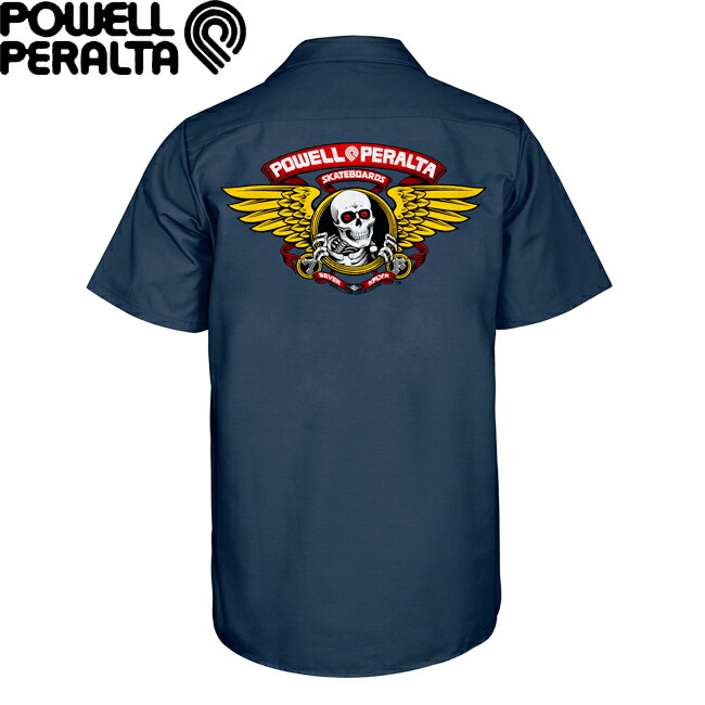 プルオーバー POWELL PERALTA パウエルペラルタ Work Shirt Winged Ripper Navy 半袖 心地よいプルオーバー 細工物プルオーバー メンズ レディース