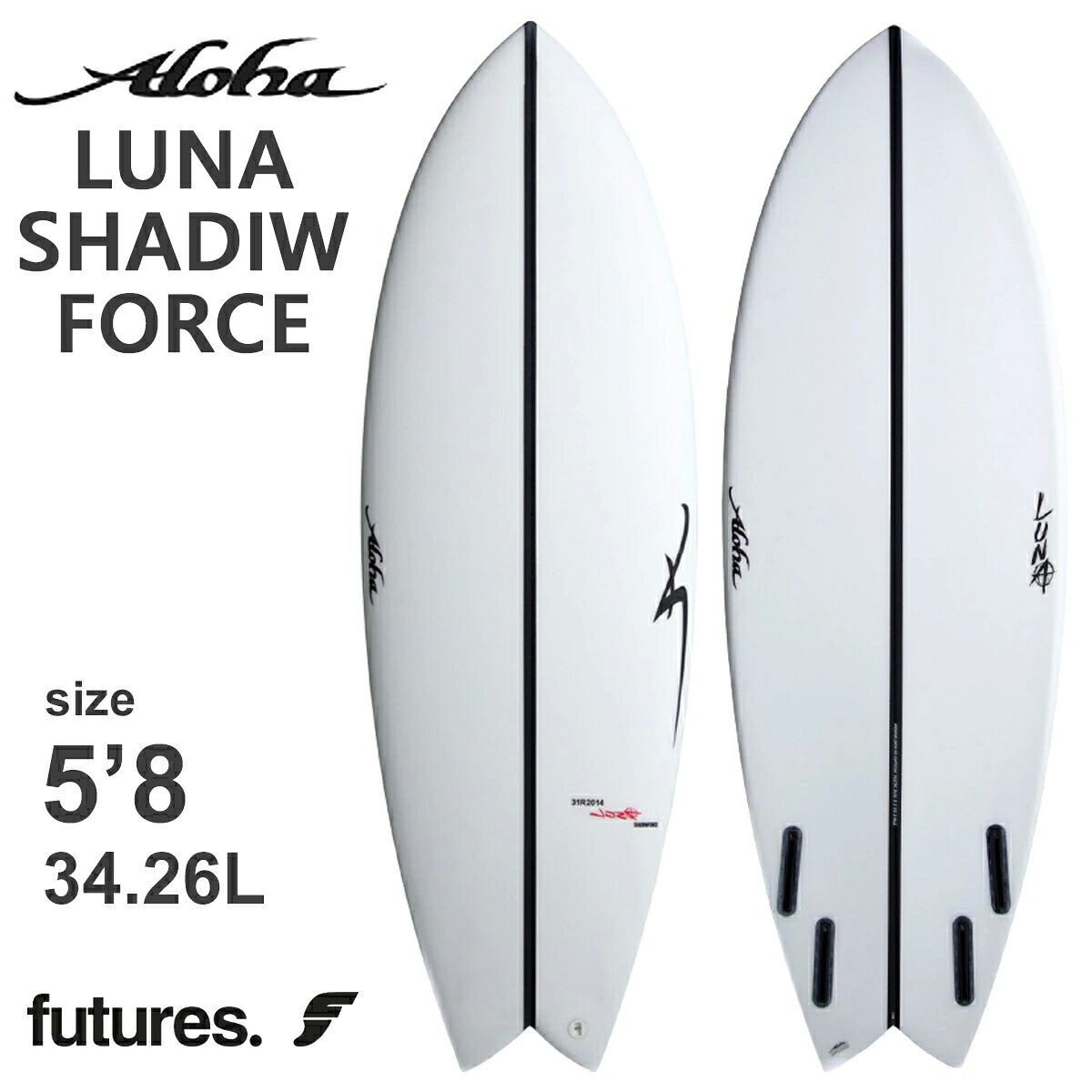 26 ALOHA SURFBOARDS アロハ サーフボード LUNA 5&rsquo;8 EPS エポキシ SHADOW FORCE 4fin Futures 2026年 日本正規品｜オーシャン スポーツ