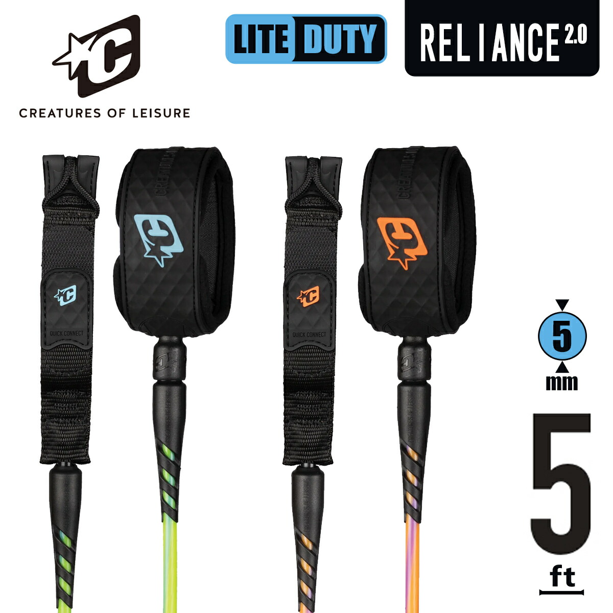 26 CREATURES クリエイチャー リーシュコード リッシュコード 5フィート 5ft リライアンス パワーコード サーフィン用 5mm 超軽量 小波用 RELIANCE 2.0 Lite Duty CREATURES OF LEISURE 日本正規品