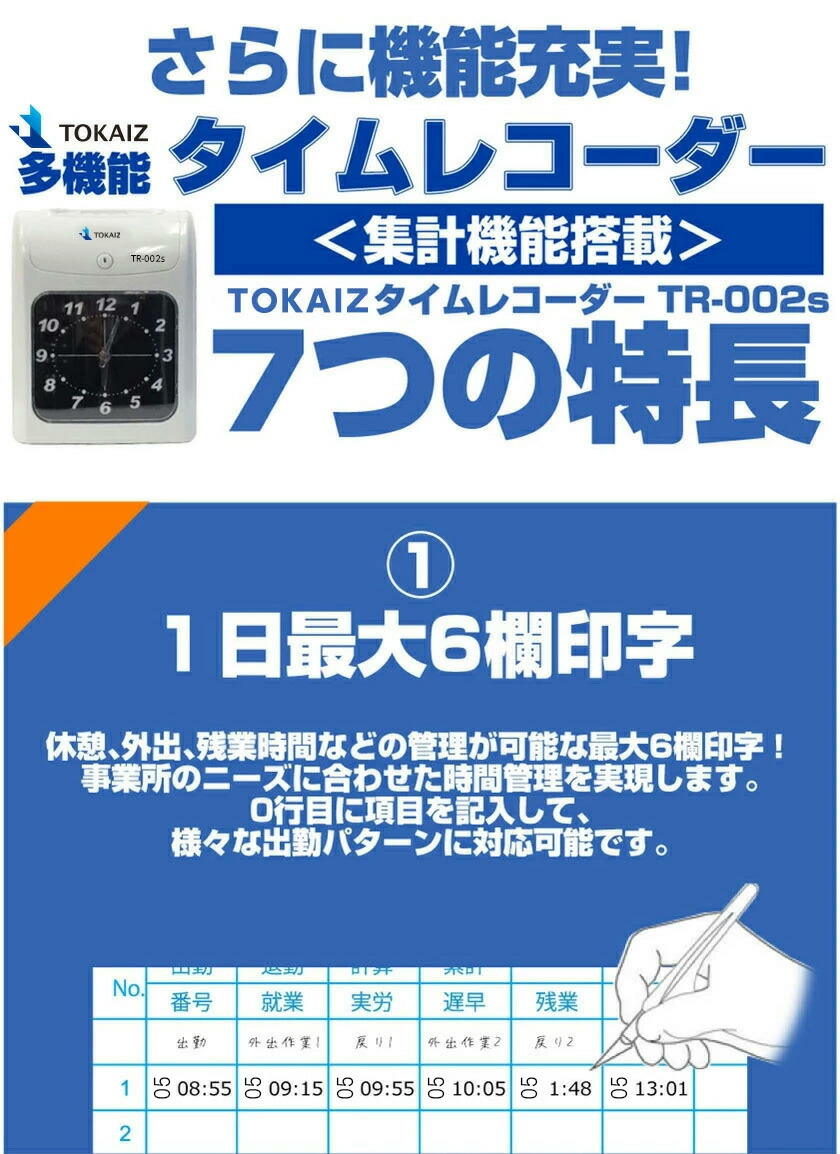 商品追加値下げ在庫復活 ポイント5倍 タイムレコーダー 集計機能 タイムカード レコーダー 本体 TR-002S 自動集計 休憩管理 時間集計  月末集計 4欄 6欄印字 両面印字 TOKAIZ 多機能 インクリボン付 送料無料 www.dexion.com.au