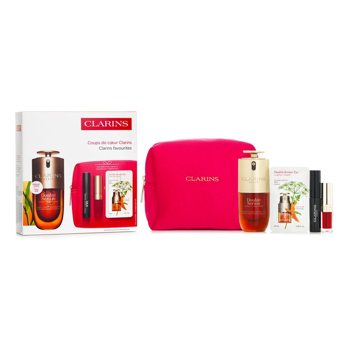 クラランス Clarins フェイバリット セット: ダブル セラム 30ml + リップ コンフート オイル - #03 1.4ml + ワンダー ボリューム マスカラ XXL 3ml + ダブル セラム アイ サンプル 0.9ml 4pcs【海外通販】