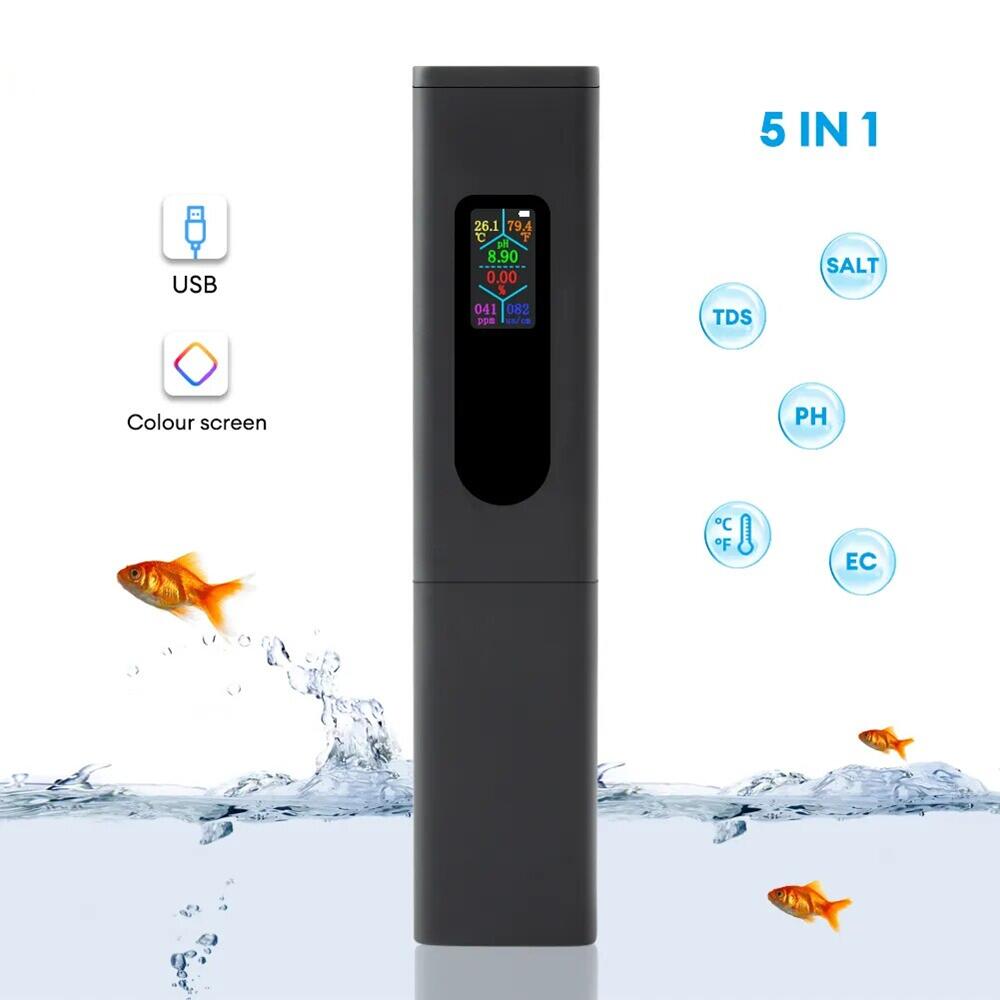 充電式5 in 1 塩分/EC/TDS/PH 温度データ PH測定器 高精度 デジタルPH計 アクアリウム PHメーター PHチェック  ペーハー 測定器 水質検査 水槽 液体 水質測定用 ペーハー計 校正 自動校正  ポケットタイプインテリジェント水質テスター PH 温度テスト