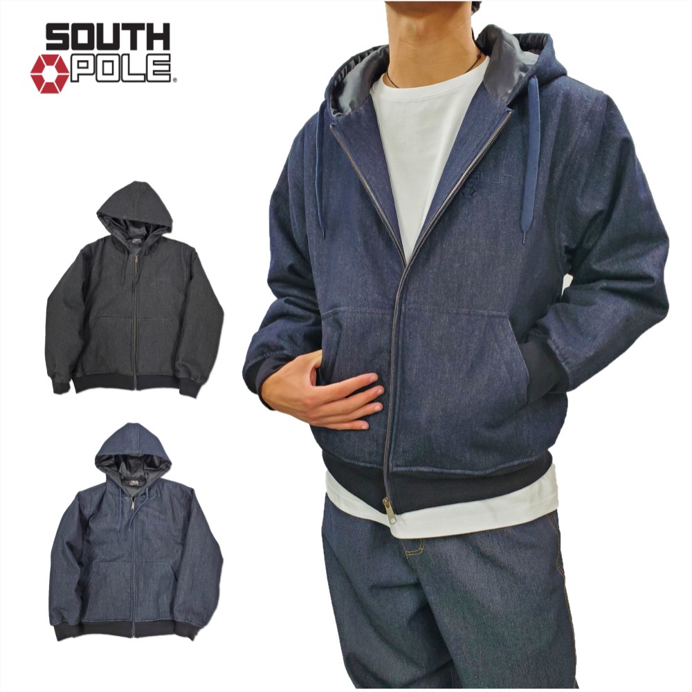 【セール】 SOUTHPOLE ジャケット デニム 中綿 フード付 メンズ コットン インディゴ ブラック L XL 2XL 3XL ワークジャケット ワンポイント 大きいサイズ ビッグサイズ B系 ストリート ヒップホップ ダンス 衣装 ファッション 正規品
