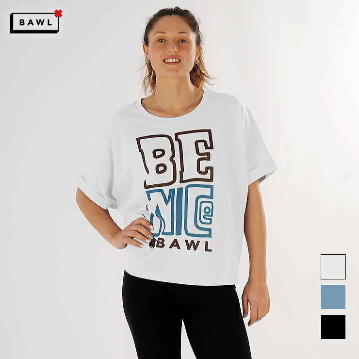 BAWL 正規品 ボウル Tシャツ 半袖 ロゴ ワイド グラフィック 前後差 綿 レディース エクササイズ フィットネス ジム スポーツ ダンス ヨガ ウェア イタリア 直輸入 ブラック ホワイト ライトブルー