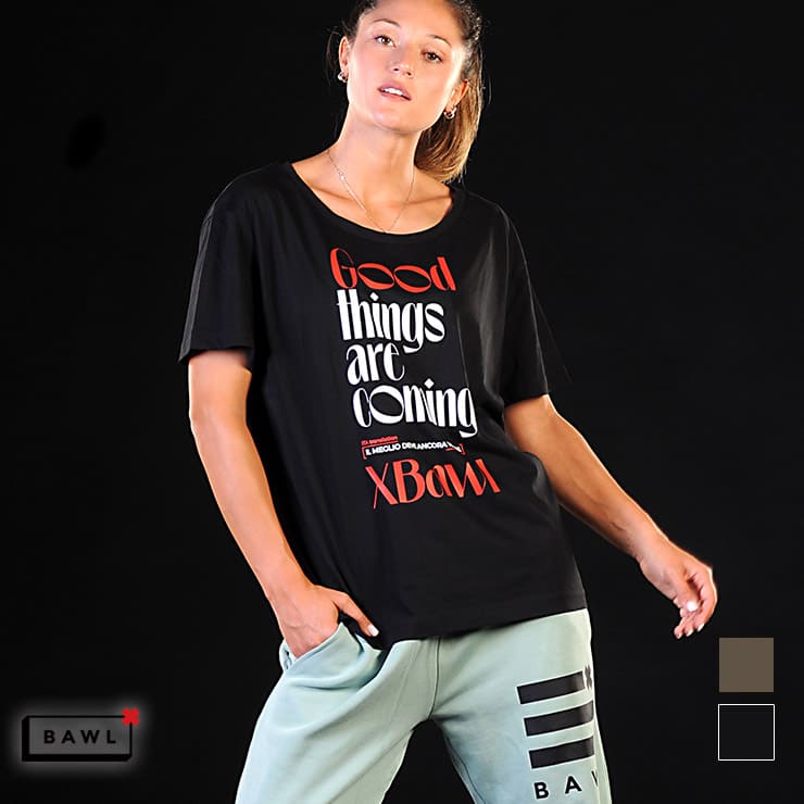 BAWL ボウル 正規品 Tシャツ 半袖 レディース ロゴ エクササイズ フィットネス ジム スポーツ ダンス ヨガ ウェア ブラック ミリタリー