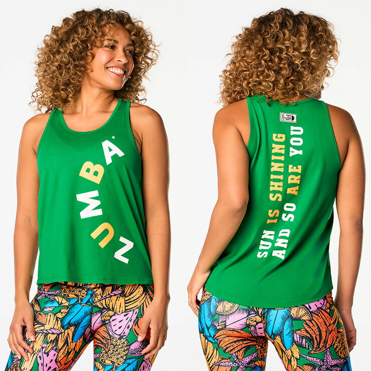 ZUMBA ズンバ 正規品 SUN IS SHINING フロント ロゴ ルーズフィット タンクトップ BLACK GREEN XSサイズ Sサイズ  Mサイズ Lサイズ