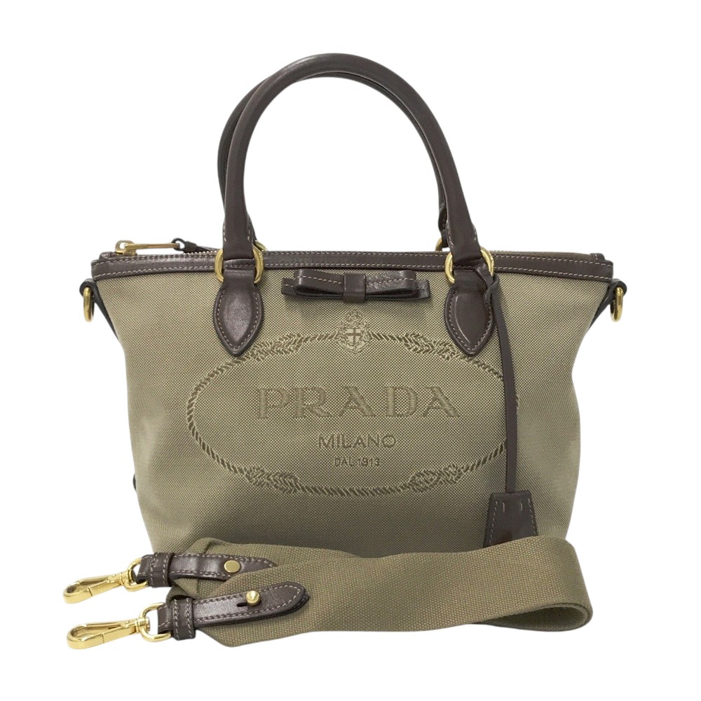 PRADA プラダ 1BA111 キャンバス&times;レザー 2way ハンドバッグ ロゴジャガード CORDA BRUCIA ベージュ系 【中古】｜中古ゴルフウェア通販STST
