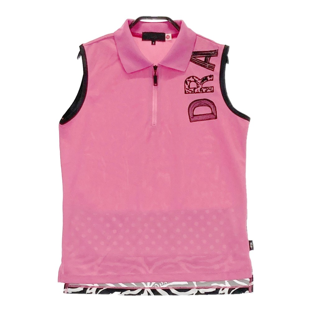 DANCE WITH DRAGON ダンスウィズドラゴン ノースリーブ ポロシャツ 総柄 ピンク系 2 【中古】ゴルフウェア レディース
