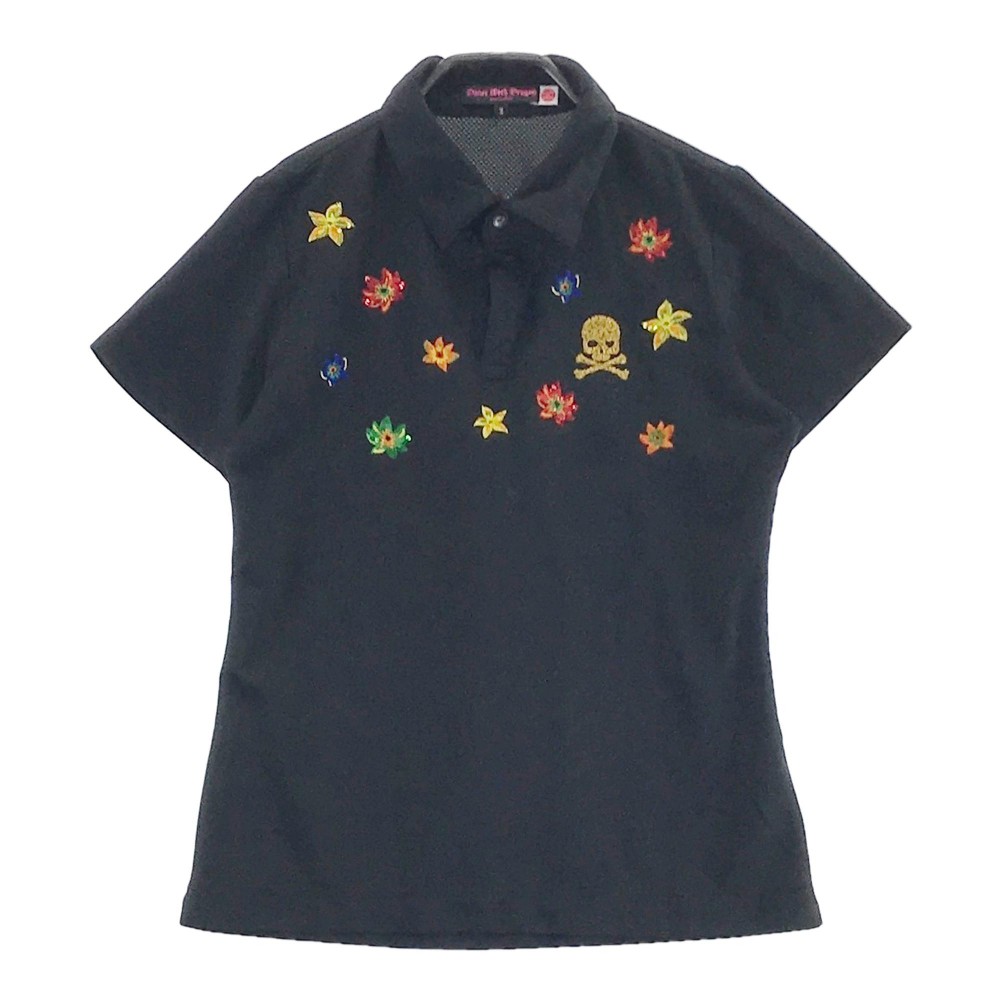DANCE WITH DRAGON ダンスウィズドラゴン D2-175304 半袖ポロシャツ 花 スパンコール ブラック系 2 【中古】ゴルフウェア レディース