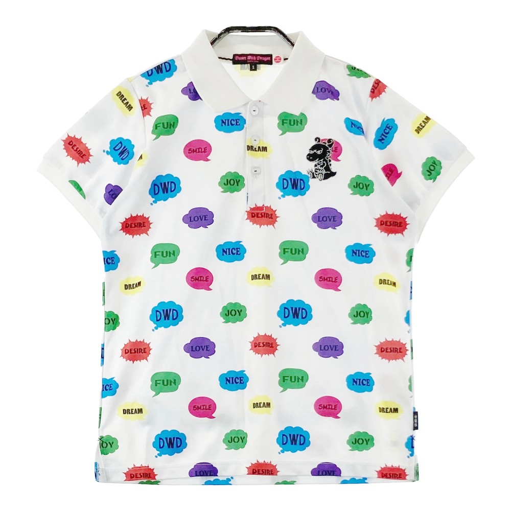 DANCE WITH DRAGON ダンスウィズドラゴン 半袖ポロシャツ チビドラ 総柄 ホワイト系 2 【中古】ゴルフウェア レディース