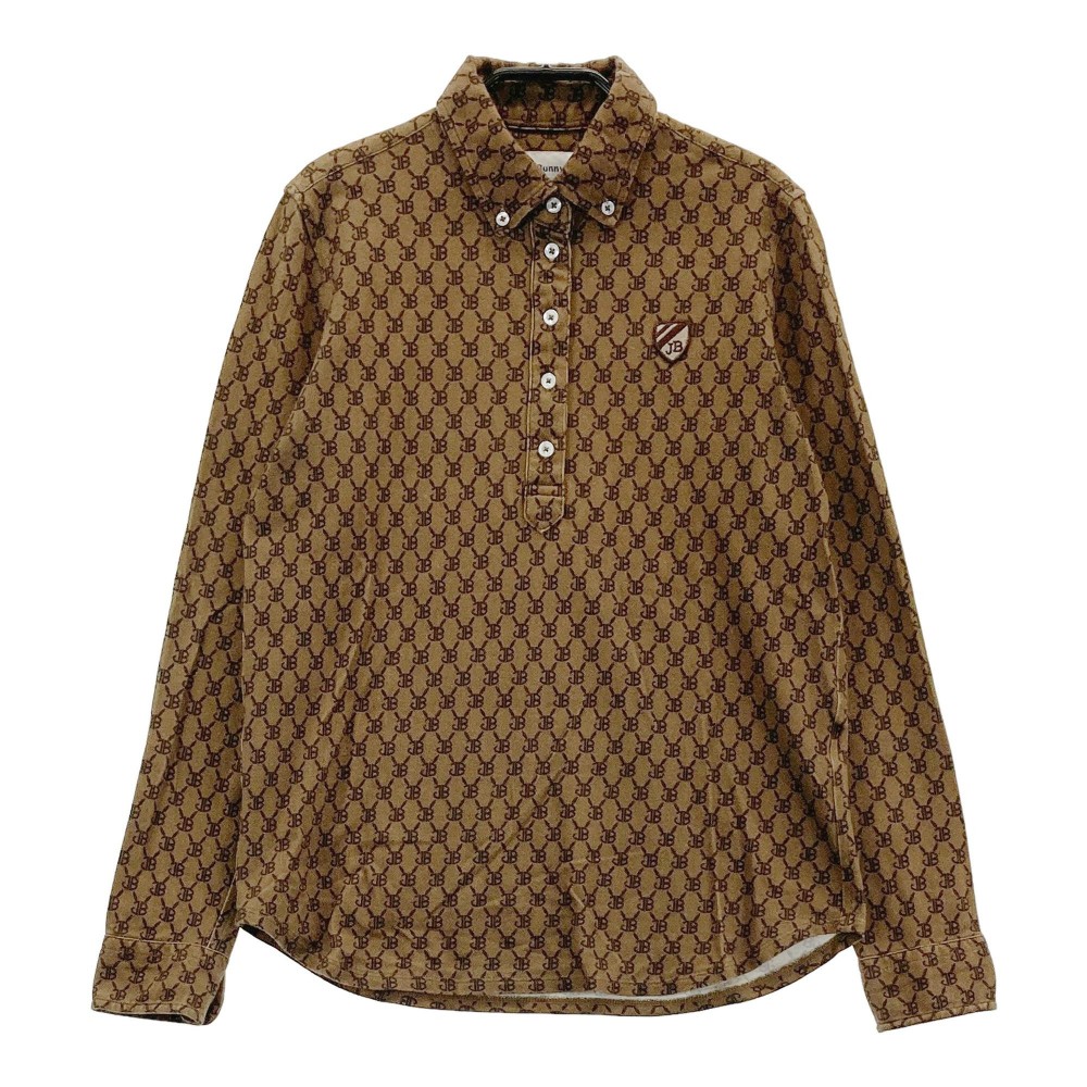 JACK BUNNY ジャックバニー 長袖ポロシャツ ボタンダウン 総柄 ブラウン系 0 【中古】ゴルフウェア レディース