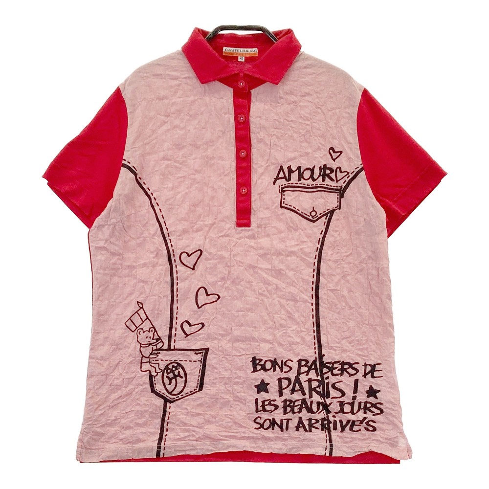 CASTELBAJAC カステルバジャック 切替 半袖ポロシャツ プリント レッド系 42 【中古】ゴルフウェア レディース