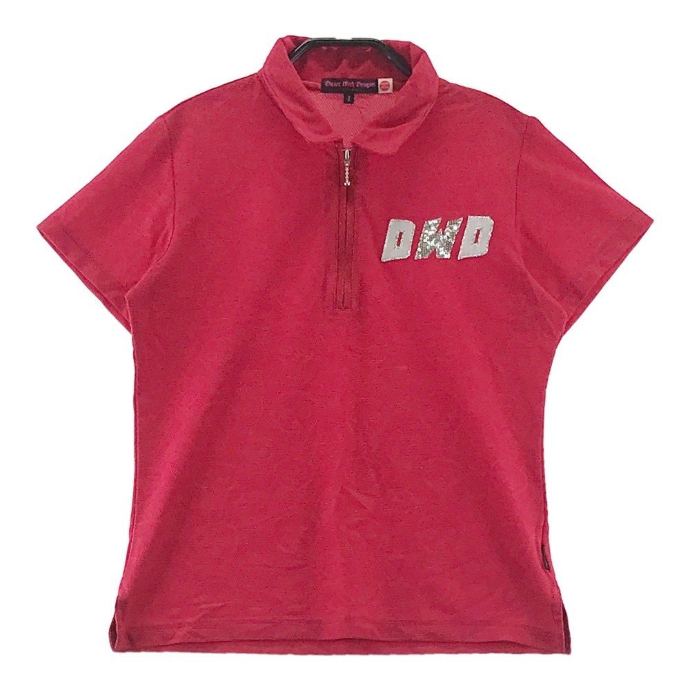 DANCE WITH DRAGON ダンスウィズドラゴン ハーフジップ半袖ポロシャツ 総柄 レッド系 2 【中古】ゴルフウェア レディース
