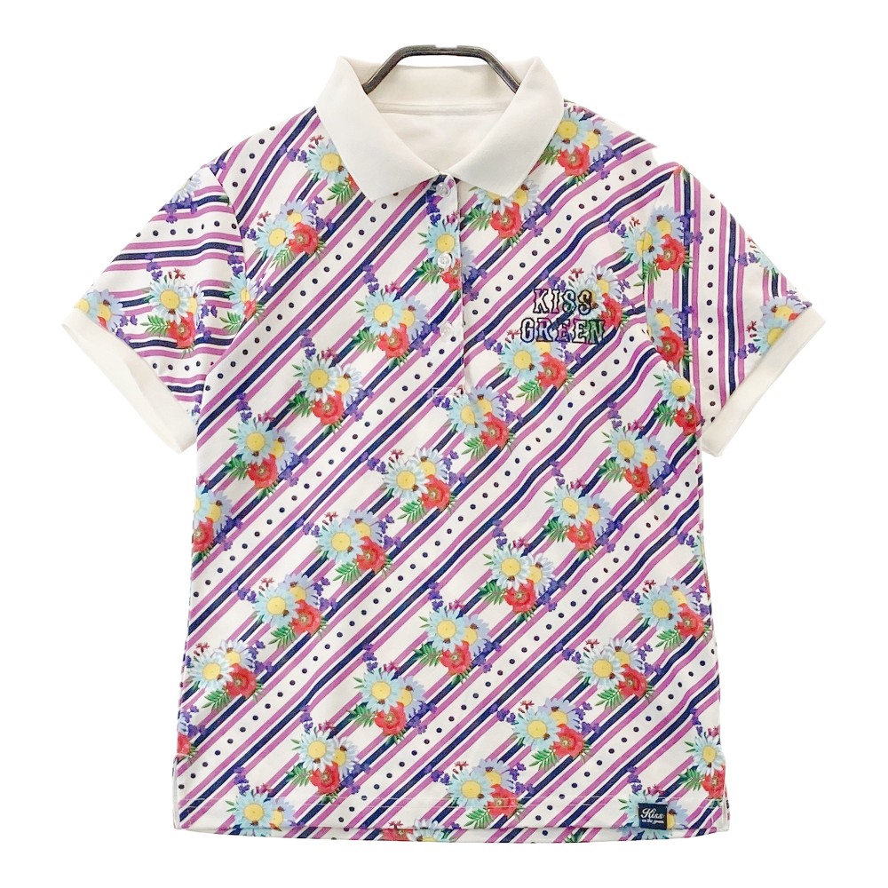 KISS ON THE GREEN キスオンザグリーン 半袖ポロシャツ 花柄 ホワイト系 2 【中古】ゴルフウェア レディース