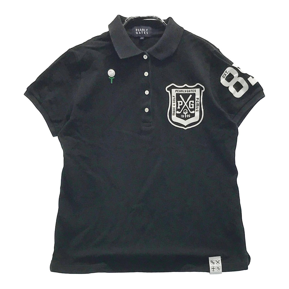 PEARLY GATES パーリーゲイツ 半袖ポロシャツ プリント エンブレム ブラック系 1 【中古】ゴルフウェア レディース