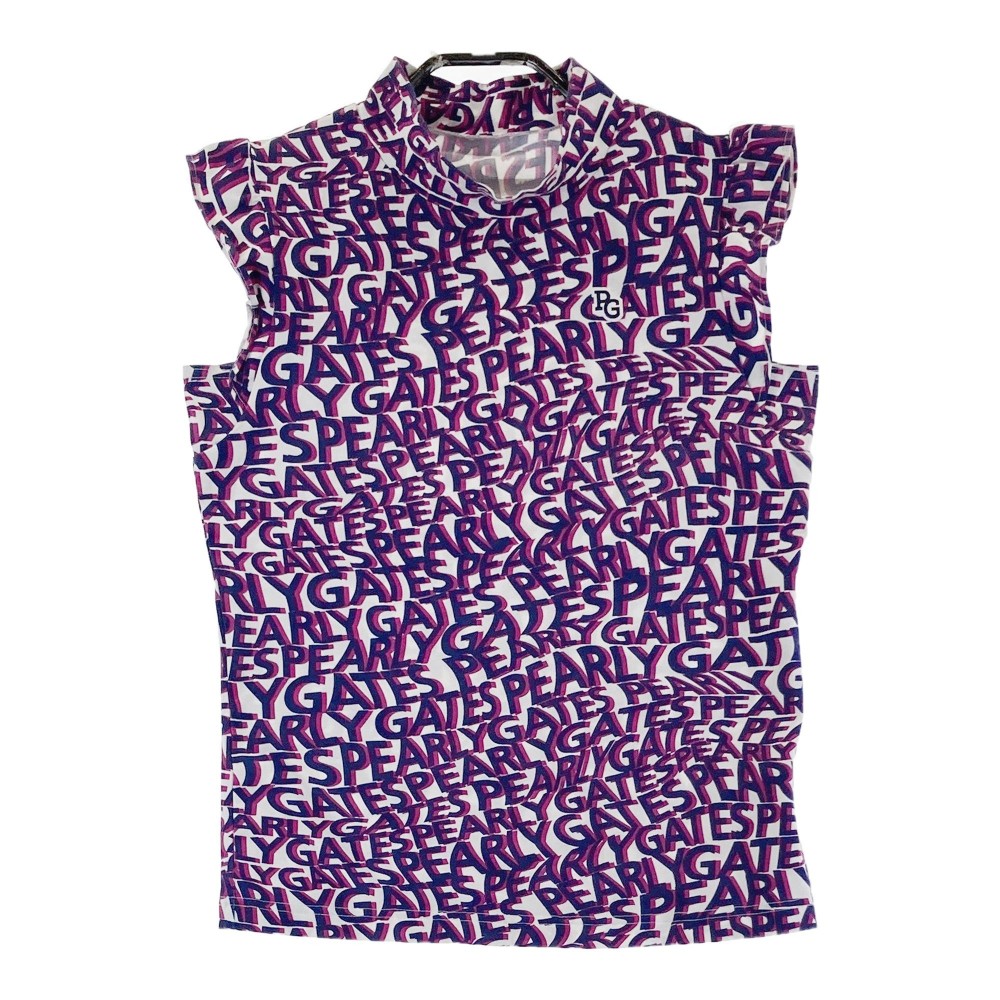 PEARLY GATES パーリーゲイツ 2022年モデル ハイネック ノースリーブTシャツ フリル ロゴ　総柄 ホワイト系 0 【中古】ゴルフウェア レディース