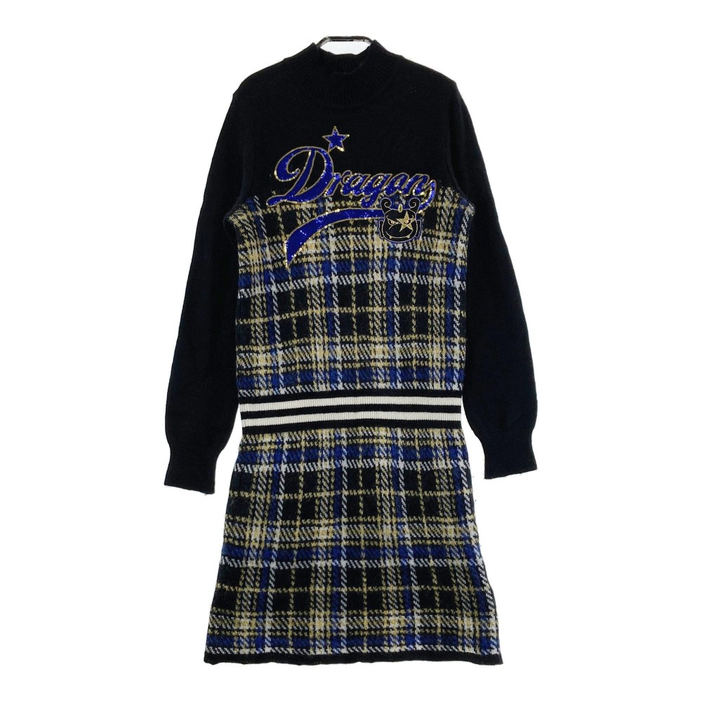 DANCE WITH DRAGON ダンスウィズドラゴン ウール混 ニット 長袖ワンピース チビドラ チェック柄 ブラック系 2 【中古】ゴルフウェア レディース