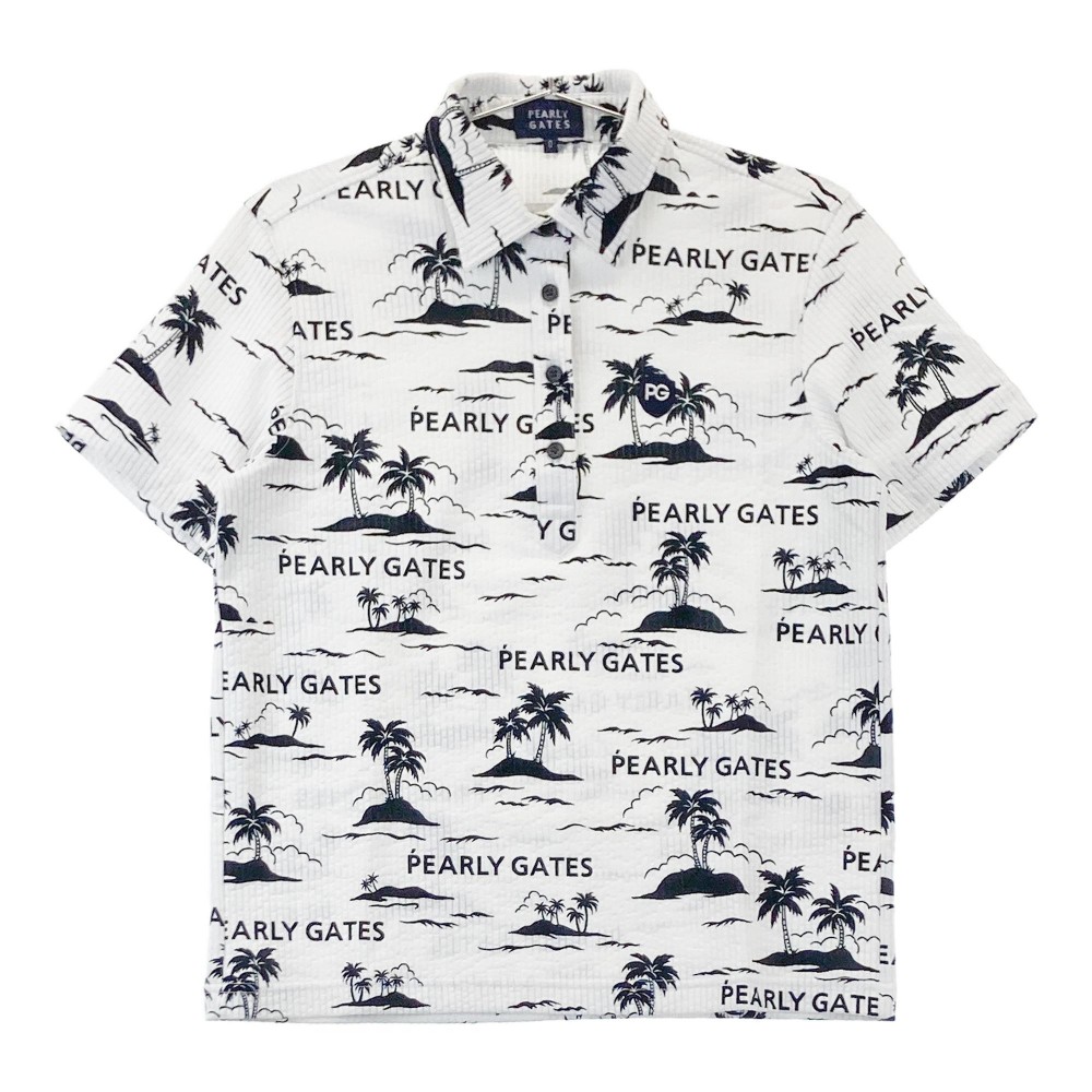PEARLY GATES パーリーゲイツ 半袖ポロシャツ やしの木 総柄 ホワイト系 0 【中古】ゴルフウェア レディース