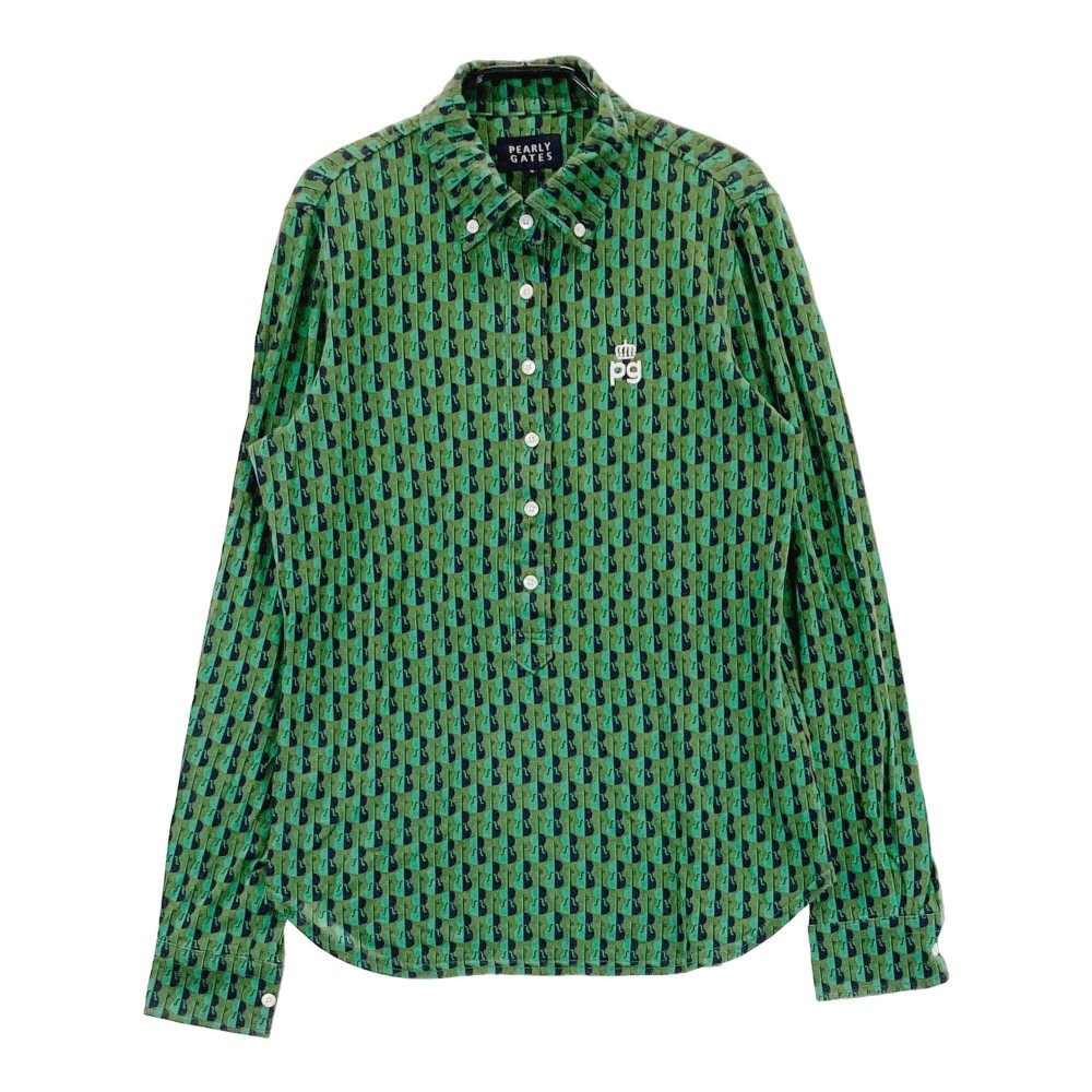 PEARLY GATES パーリーゲイツ 長袖ポロシャツ ボタンダウン 総柄 グリーン系 0 【中古】ゴルフウェア レディース