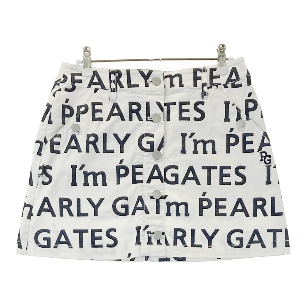 PEARLY GATES パーリーゲイツ 30周年モデル ストレッチスカート フロントボタン ロゴ総柄 ホワイト系 0 【中古】ゴルフウェア レディース