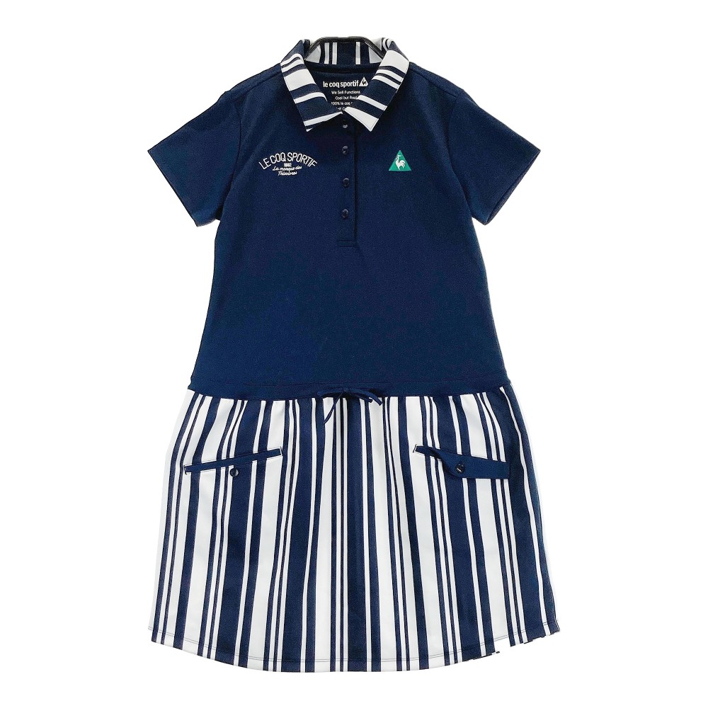 LE COQ GOLF ルコックゴルフ 半袖ポロワンピース ストライプ柄 ネイビー系 M 【中古】ゴルフウェア レディース