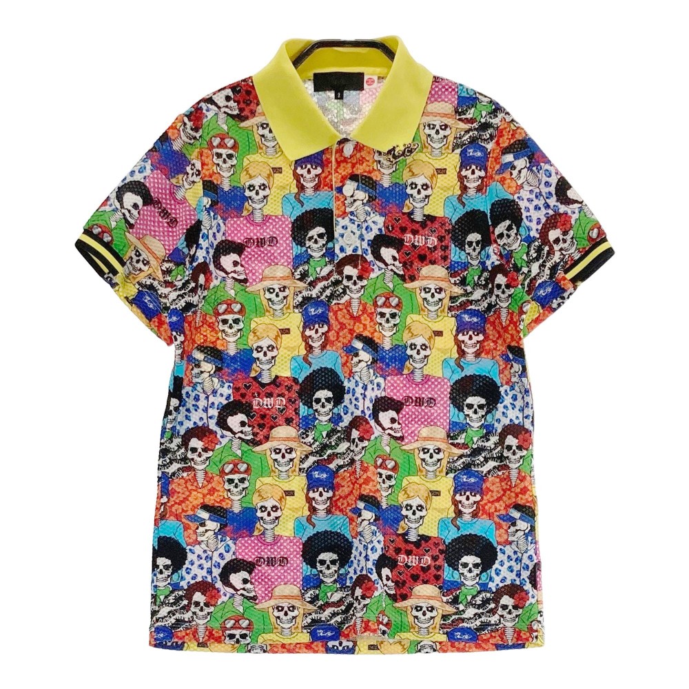 DANCE WITH DRAGON ダンスウィズドラゴン メッシュ半袖ポロシャツ 総柄 イエロー系 2 【中古】ゴルフウェア レディース