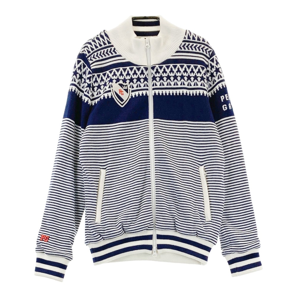 PEARLY GATES パーリーゲイツ ウール混 ニットジップジャケット ボーダー×ノルディック柄 ホワイト系 0 【中古】ゴルフウェア レディース|中古ゴルフウェア通販STST