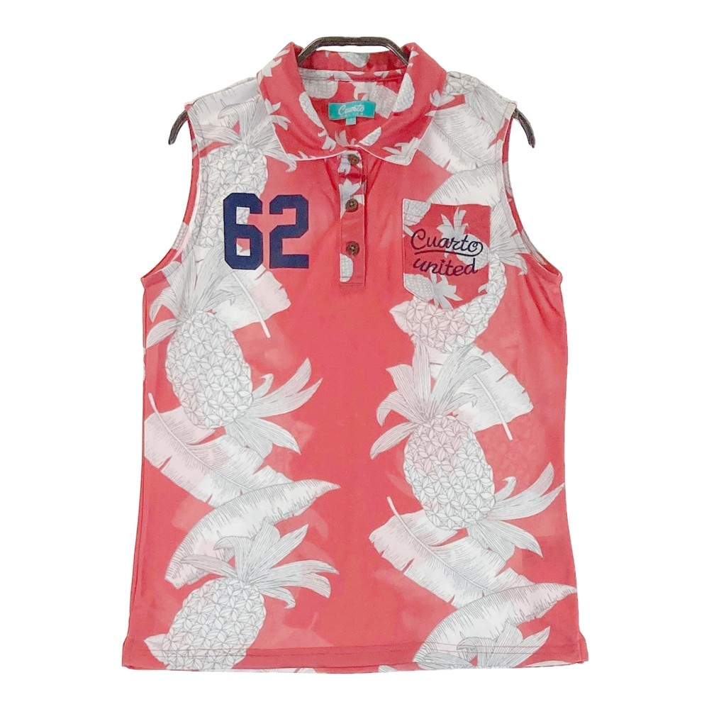 CUARTO UNITED クアルトユナイテッド ノースリーブ ポロシャツ 総柄 レッド系 M 【中古】ゴルフウェア レディース