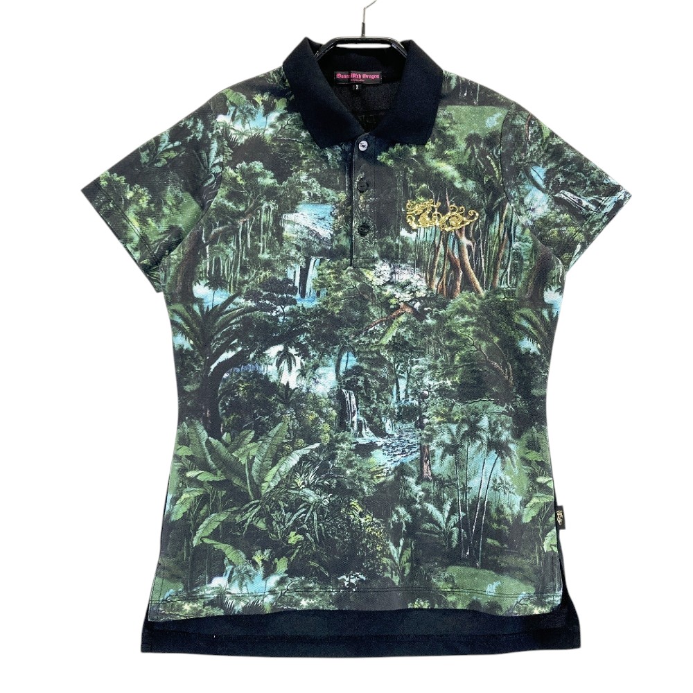 DANCE WITH DRAGON ダンスウィズドラゴン 半袖ポロシャツ 総柄 グリーン系 2 【中古】ゴルフウェア レディース