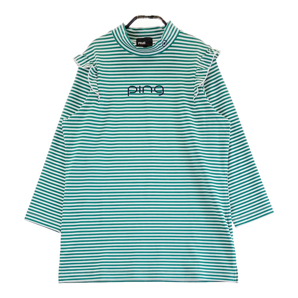 PING ピン 2023年 ハイネック 七分袖Tシャツ ボーダー柄 グリーン系 LL 【中古】ゴルフウェア レディース