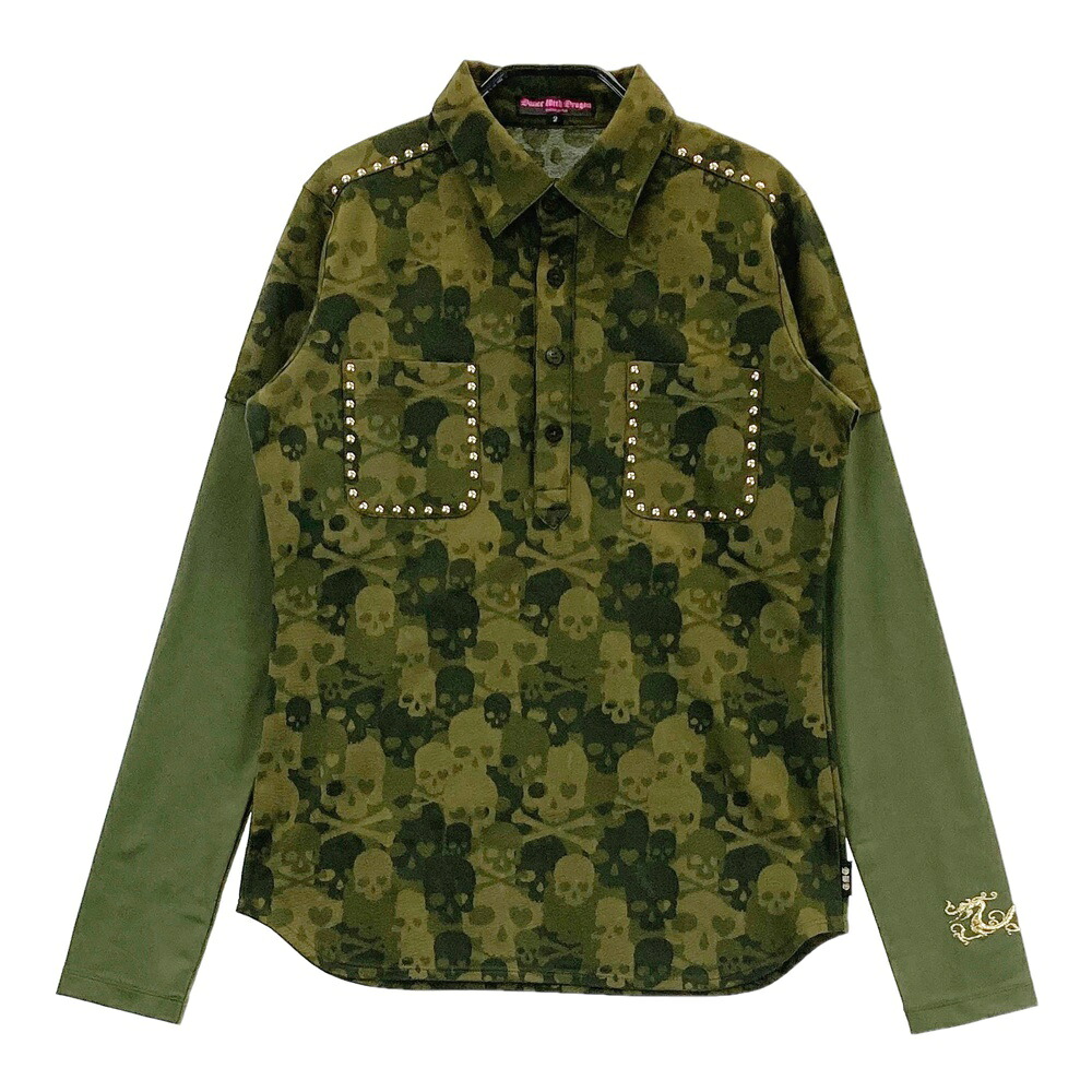 DANCE WITH DRAGON ダンスウィズドラゴン 長袖ポロシャツ スカル 総柄 カーキ系 2 【中古】ゴルフウェア レディース