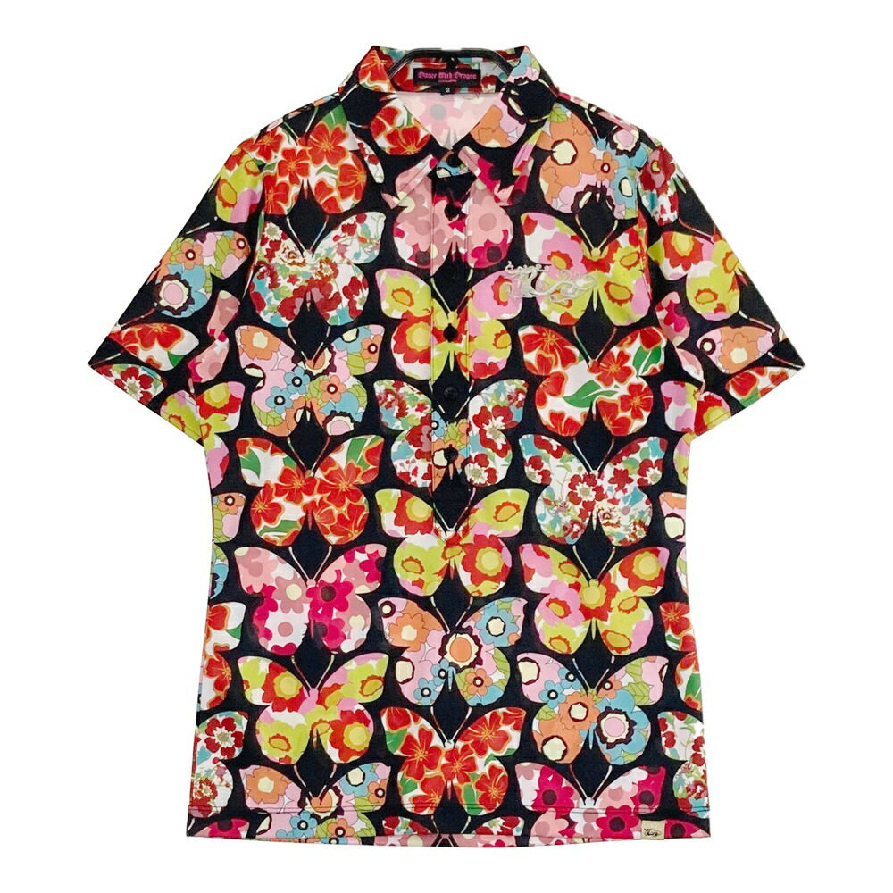 DANCE WITH DRAGON ダンスウィズドラゴン 半袖ポロシャツ 蝶×花 ブラック系 2 【中古】ゴルフウェア レディース
