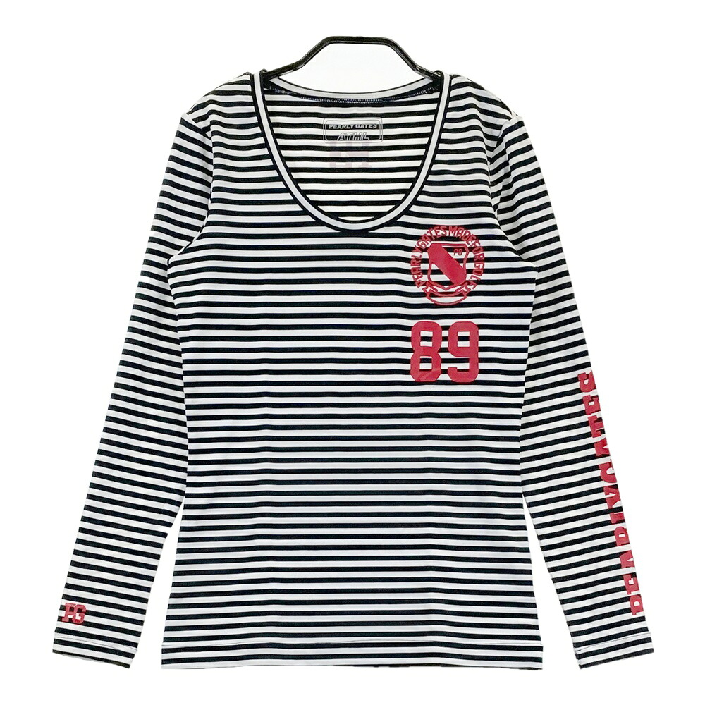 PEARLY GATES パーリーゲイツ 長袖Tシャツ プリント ボーダー柄 ブラック系 1 【中古】ゴルフウェア レディース