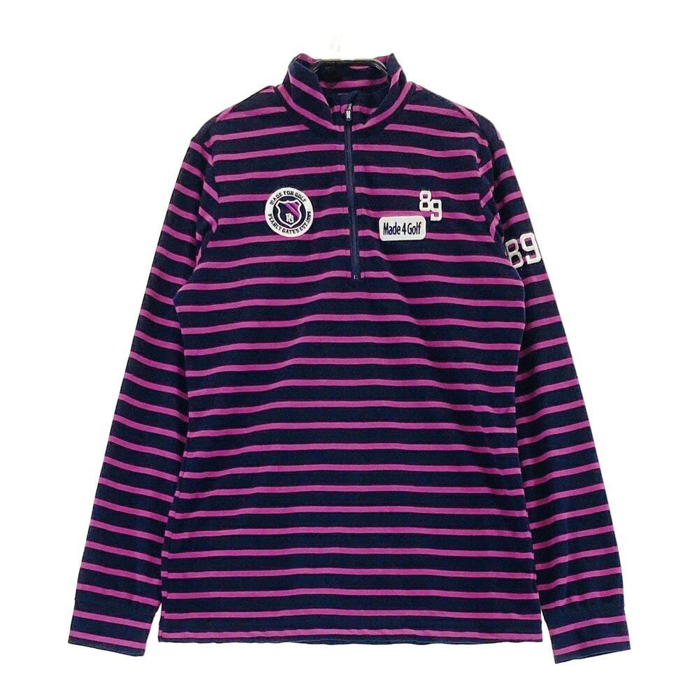 PEARLY GATES パーリーゲイツ パイル地 ハーフジップ 長袖Tシャツ ボーダー柄 ネイビー系 1 【中古】ゴルフウェア レディース