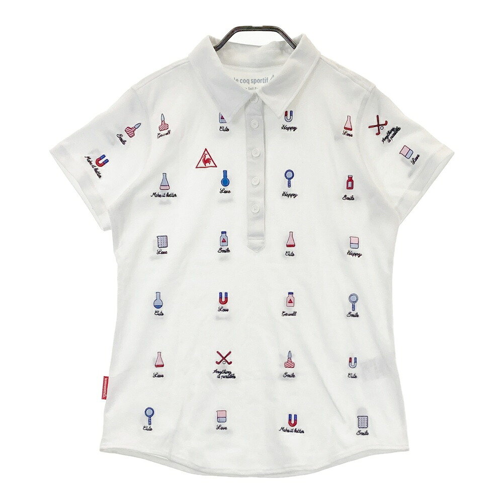 LE COQ GOLF ルコックゴルフ 半袖ポロシャツ 刺繍総柄 ホワイト系 L 【中古】ゴルフウェア レディース