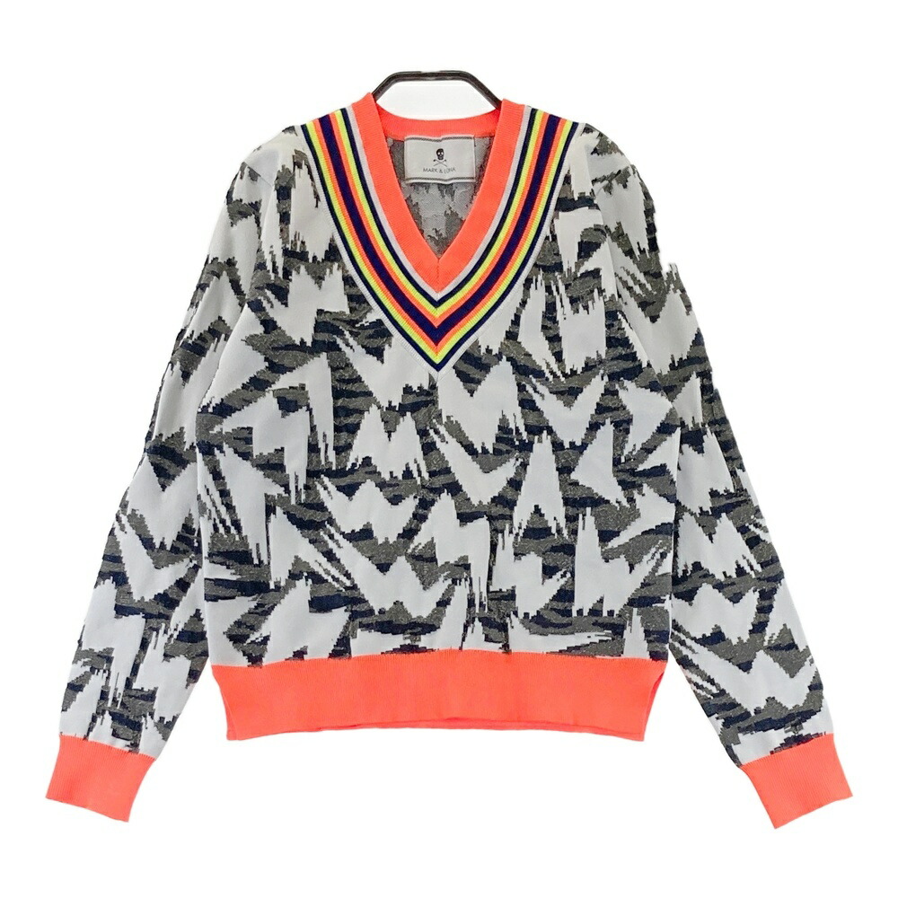 MARK\u0026LONA マークアンドロナ  Vネックニットセーター FAINT SWEATER 総柄 白いこと系 M 【中古】ゴルフ御召しもの レディース
