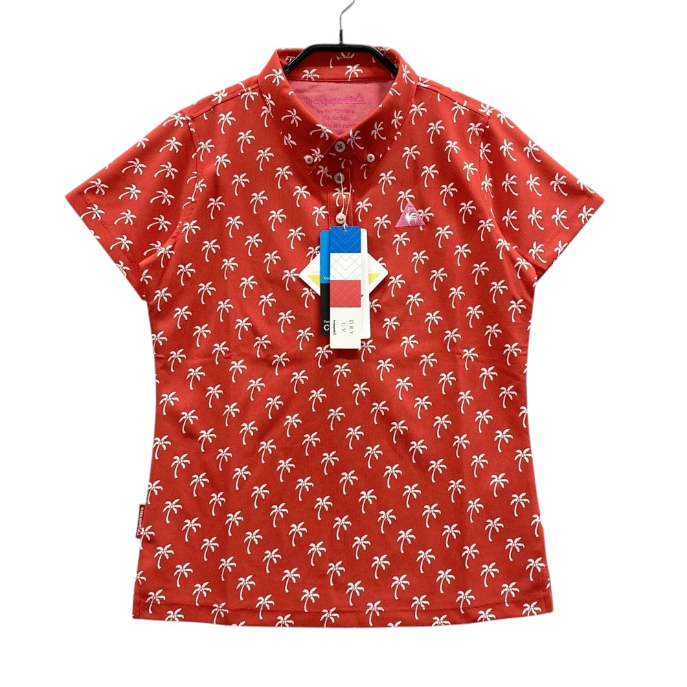 LE COQ GOLF ルコックゴルフ 半袖ポロシャツ ボタンダウン パーム 総柄 レッド系 M 【中古】ゴルフウェア レディース