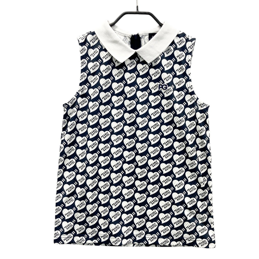 PEARLY GATES パーリーゲイツ 襟付 ノースリーブTシャツ シアサッカー ロゴ 総柄 ネイビー系 0 【中古】ゴルフウェア レディース