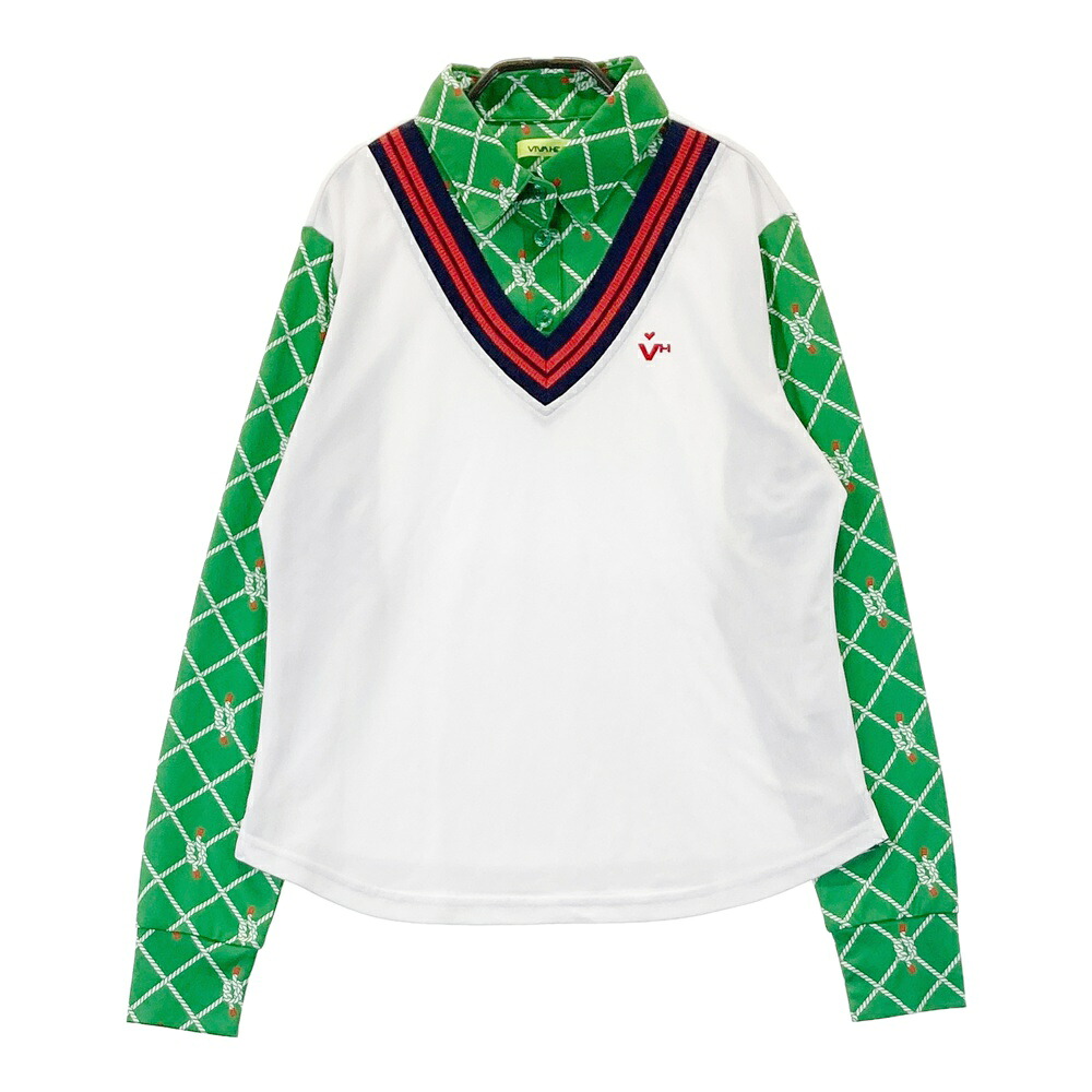 VIVA HEART ビバハート 長袖ポロシャツ レイヤード風 ロープ柄 ホワイト系 42 【中古】ゴルフウェア レディース