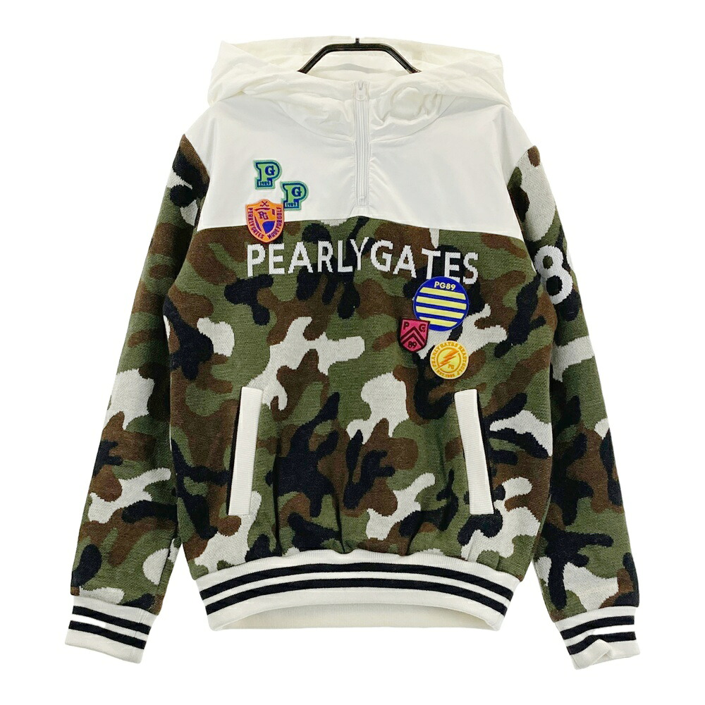 PEARLY GATES パーリーゲイツ  裏地付ハーフジップニットパーカー 合鴨フラ柄 カーキ系 0 【中古】ゴルフ御召しもの レディース