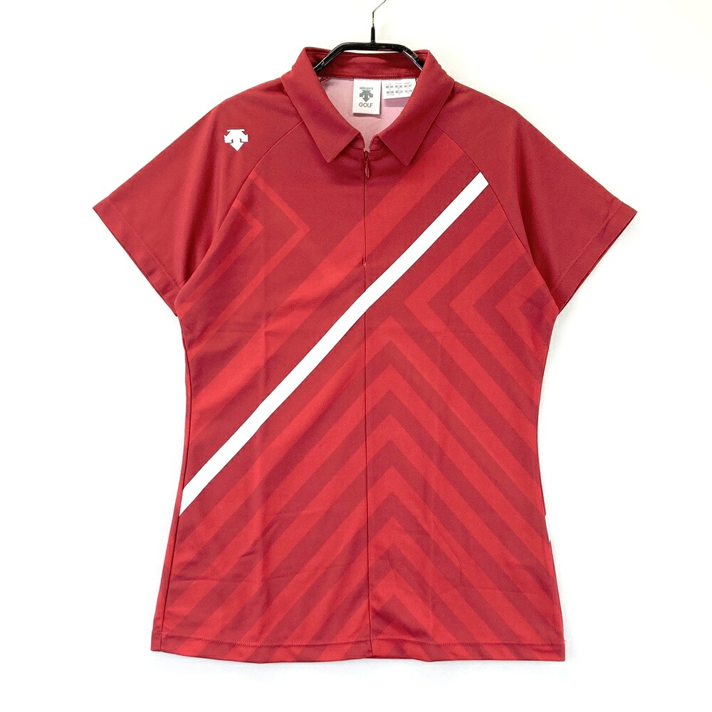 DESCENTE GOLF デサントゴルフ DGWPJA08 ハーフジップ 半袖ポロシャツ 総柄 レッド系 M 【中古】ゴルフウェア レディース