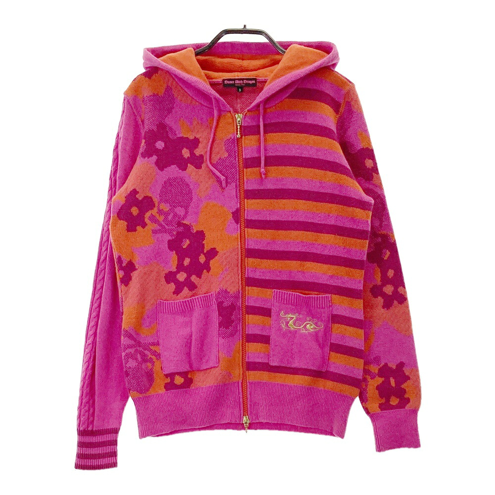 DANCE WITH DRAGON ダンスウィズドラゴン ニット ジップパーカー スカル ボーダー柄 ピンク系 3 【中古】ゴルフウェア レディース