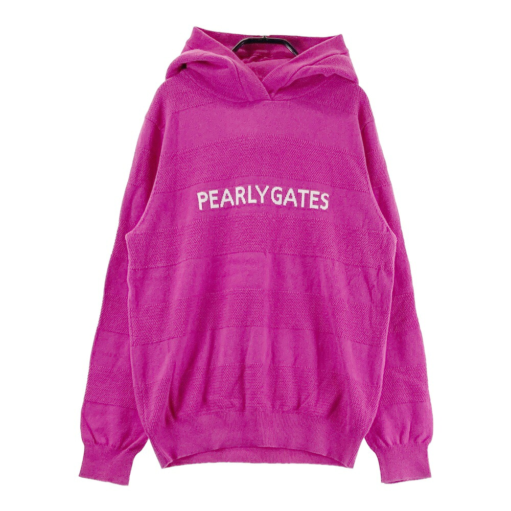 PEARLY GATES パーリーゲイツ  ボンネット付 編み物スウェーター  サクラ色系 2 【中古】ゴルフ御召しもの レディース