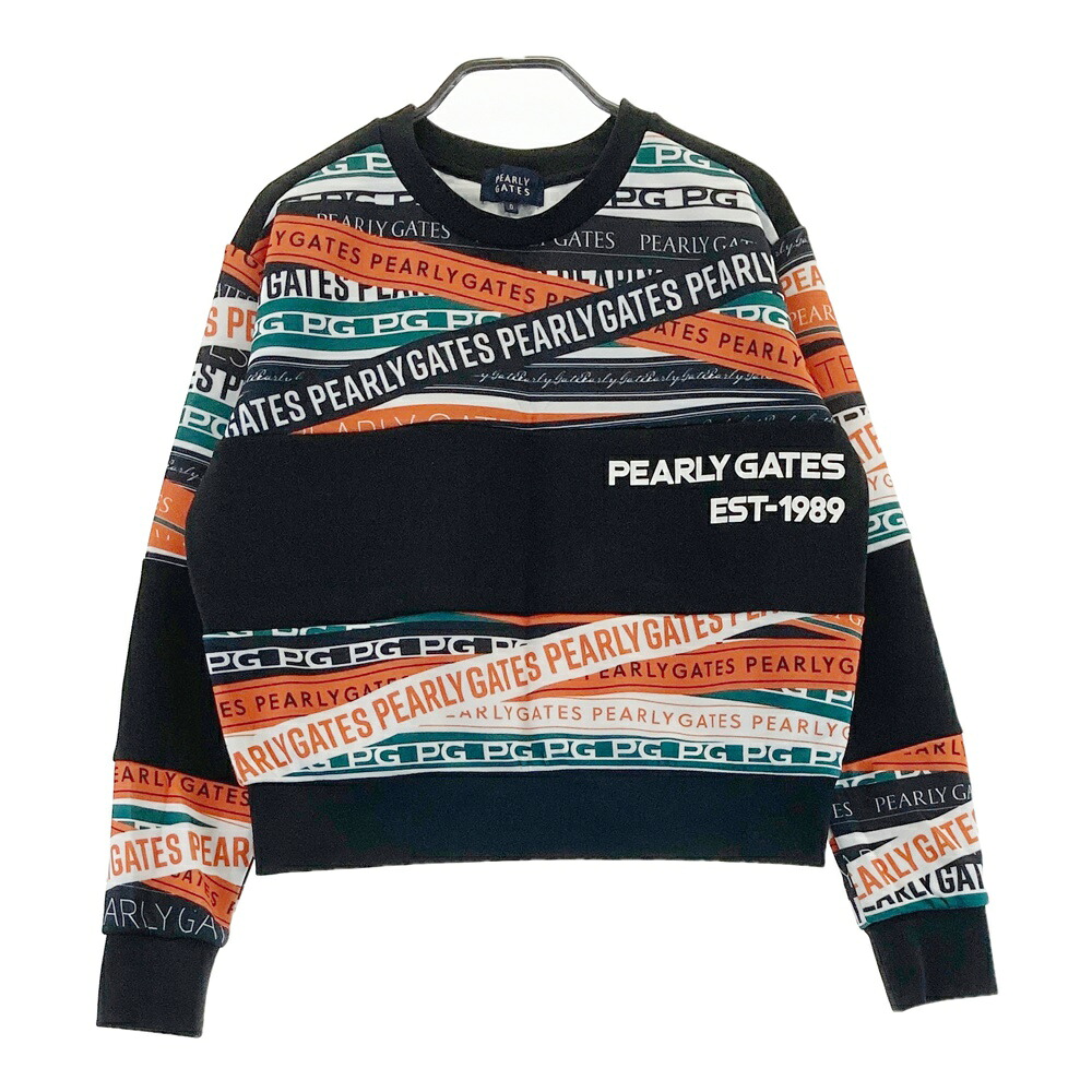PEARLY GATES パーリーゲイツ  スウェットトレーナー ロゴタイプ総柄 黒いこと系 0 【中古】ゴルフ御召しもの レディース