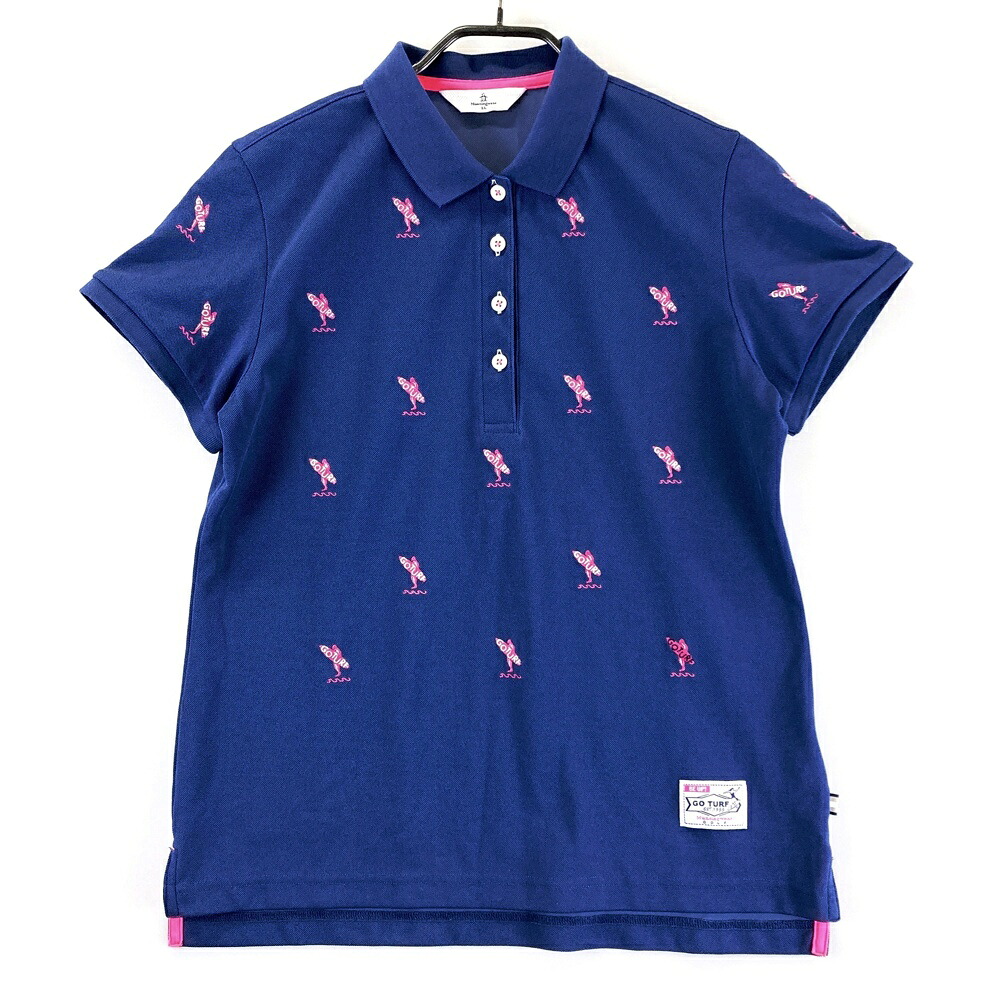 MUNSING WEAR マンシングウェア 半袖ポロシャツ 総柄 ネイビー系 LL 【中古】ゴルフウェア レディース